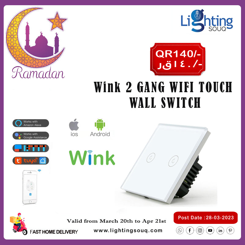 Wink 2 Gang WiFi Touch Wall Switch, App and Voice Controlled Glass Switch