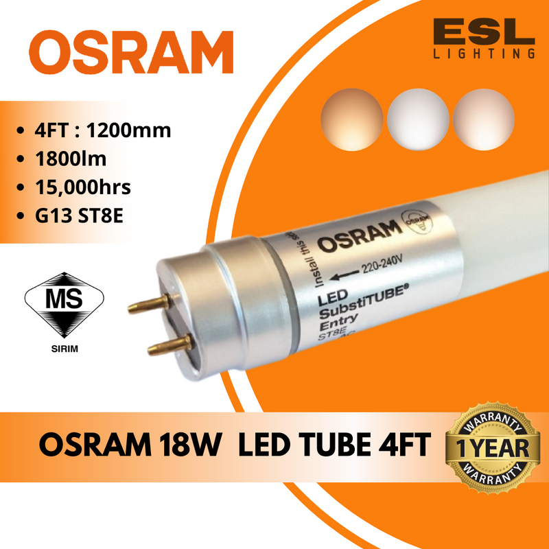 OSRAM SubstiTUBE LED T8 Tube 20W 4ft (1200mm), G13, 6500K daylight, Fluorescent Replacement