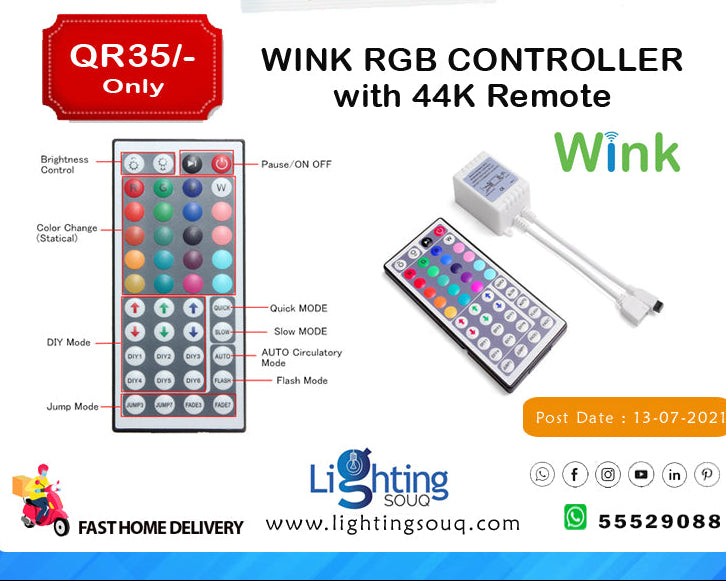 Wink RGB LED Controller with 44-Key Remote, Colour Controller for LED Strips