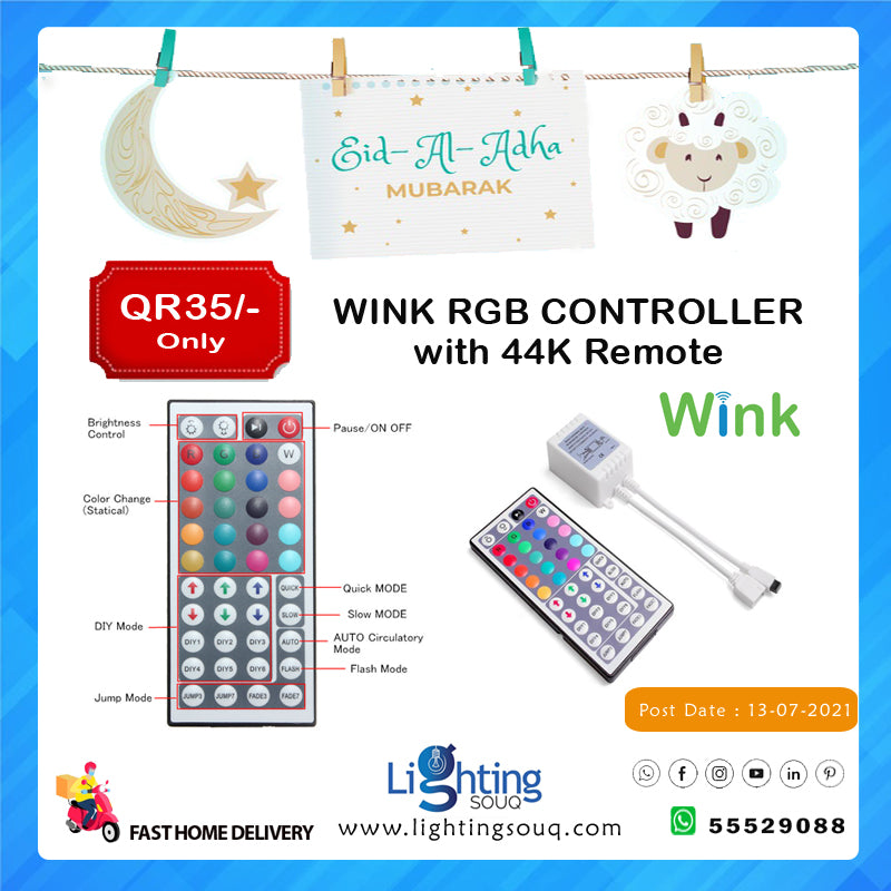 Wink RGB LED Controller with 44-Key Remote, Colour Controller for LED Strips