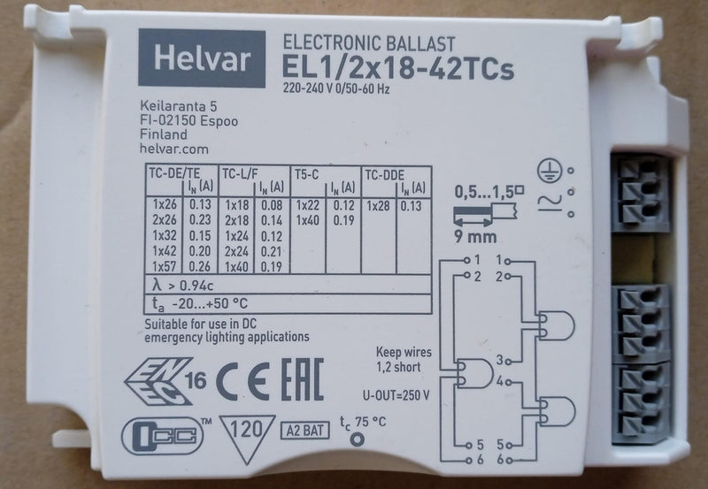 Helvar Electronic Ballast EL 1-2x18-42W TCs 220-240V