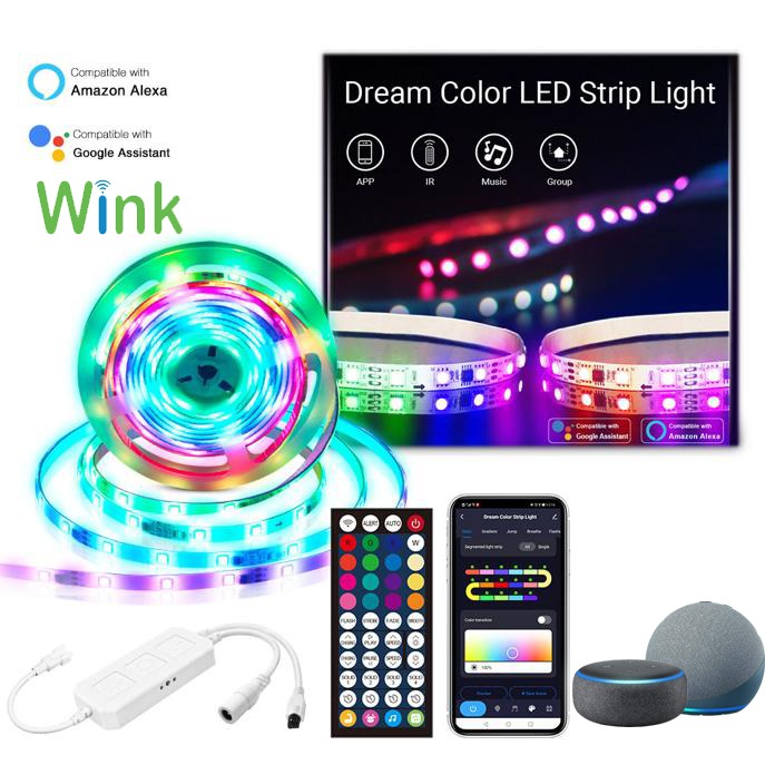 Wink WiFi RGB Rainbow Dream LED Strip 5M, 150 LEDs, IC1903 RGBIC, 12V App-Controlled