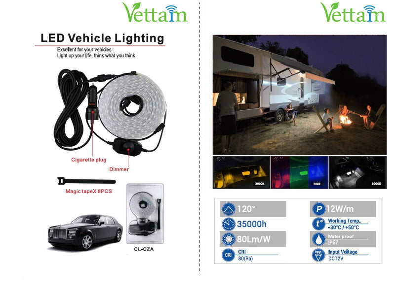 Vettam LED Vehicle Light Strip, 12W/m, 12V, IP67 Waterproof, CRI 80 for Vans and Trailers