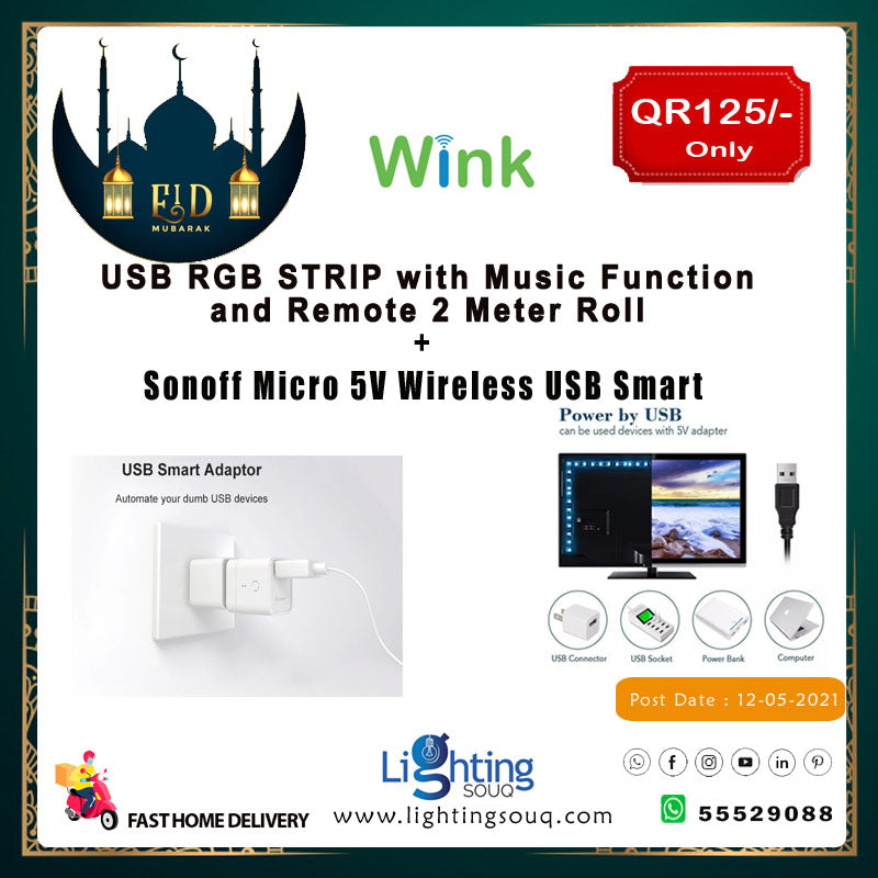 Wink USB LED Strip 2M with Sonoff Micro 5V Smart USB Adapter Bundle, App-Controlled Kit