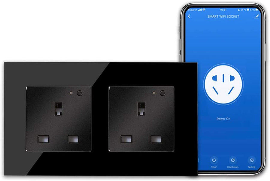 Wink 13A Double WiFi Wall Socket with USB Ports, 86x146mm, Black